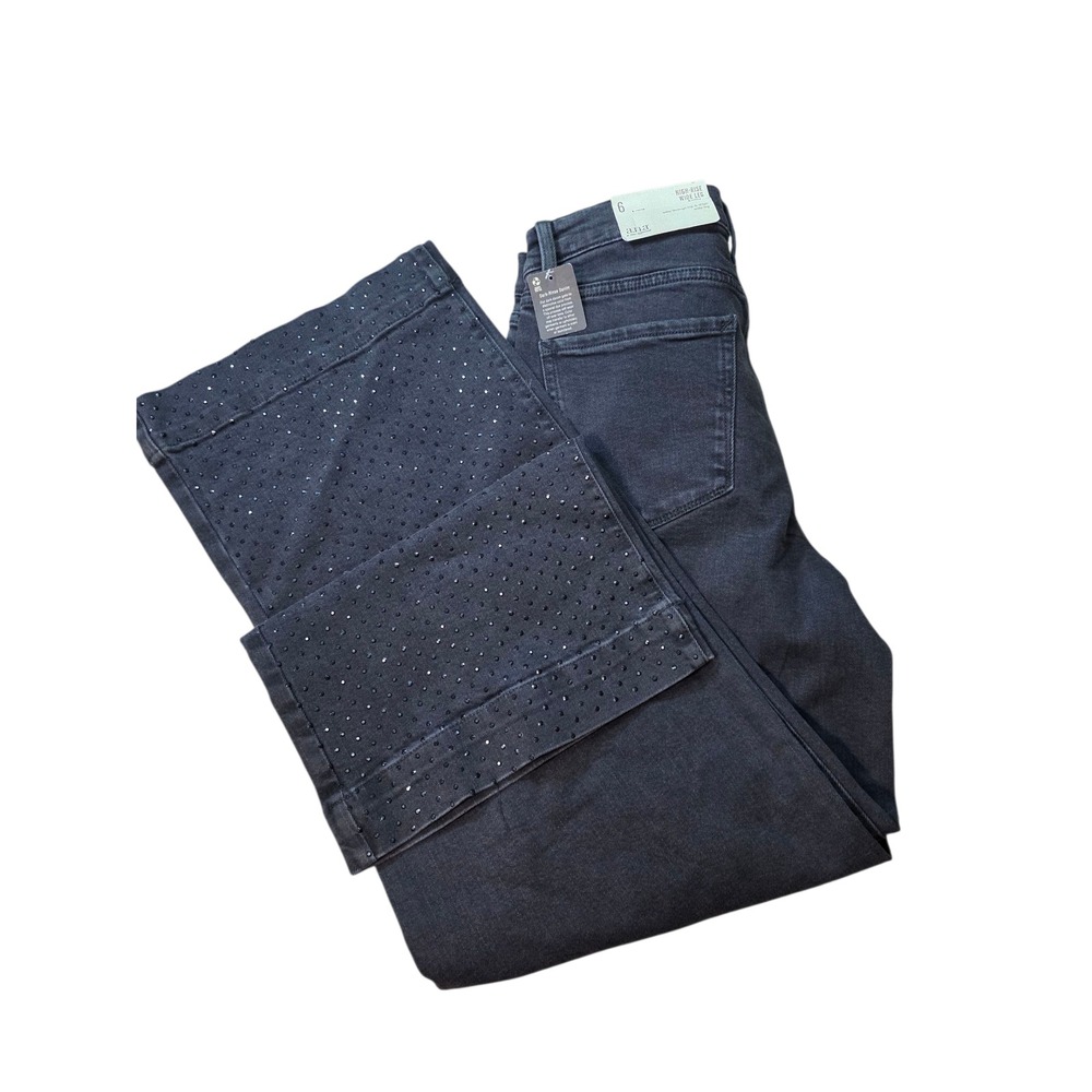 ANA High Rise Wide Leg‎ Rhinestone Jeans Black Wash Denim Pants Size 6